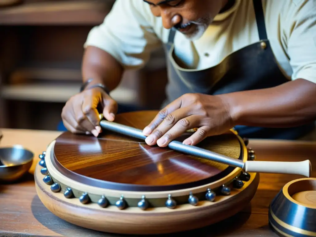 Un artesano restaurando instrumentos de percusión étnicos antiguos con cuidado y destreza, resaltando la dedicación y la artesanía