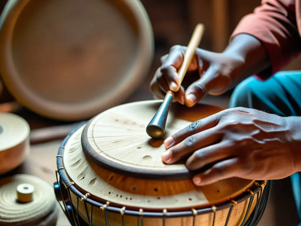 Artesano restaurando instrumentos de percusión étnicos antiguos con técnicas tradicionales, respeto y dedicación