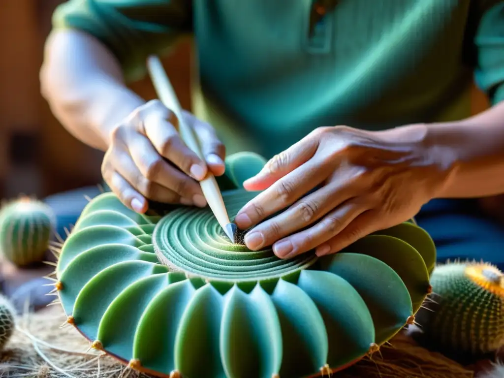 Un artesano hábil crea instrumentos percusivos con cactus, mostrando destreza y sostenibilidad en su taller lleno de herramientas tradicionales