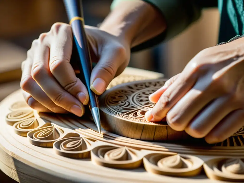 Un artesano tallando intricados patrones en madera para un instrumento con influencia de la bioacústica