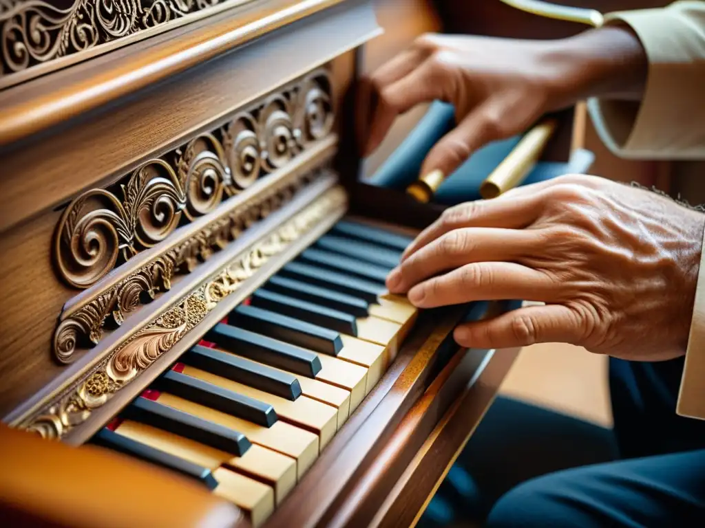 Un artesano restaura meticulosamente las intrincadas tallas de madera de un antiguo piano, destacando el valor histórico y artístico