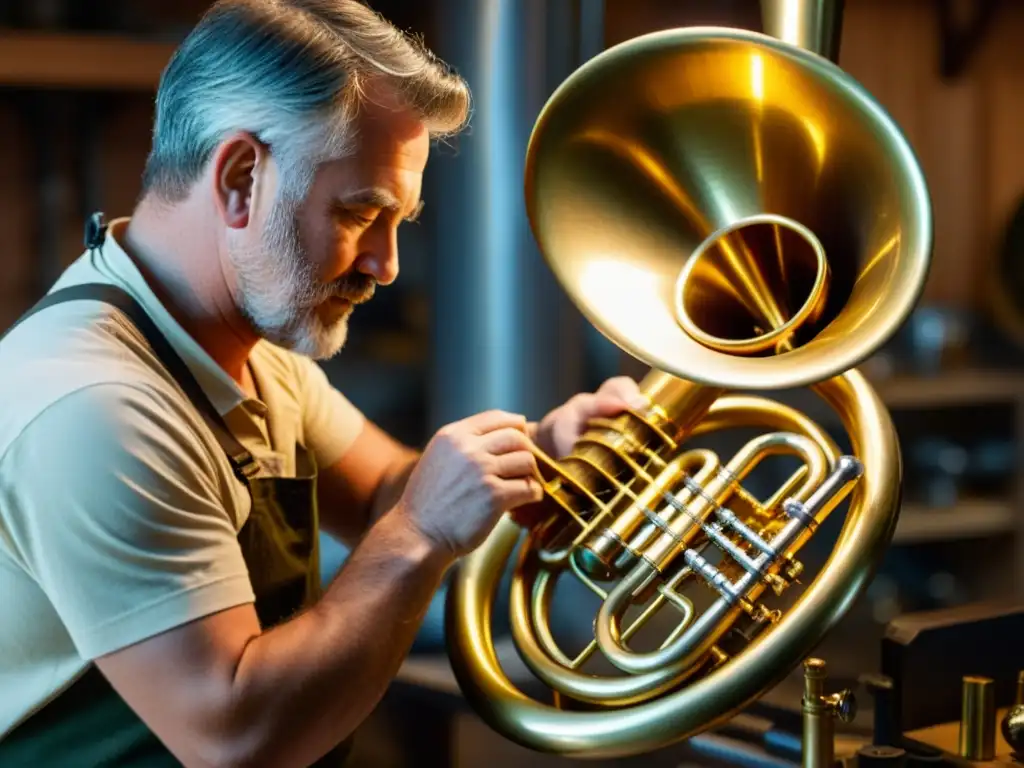 Un artesano hábil ensambla con precisión las intrincadas válvulas y tubos de una tuba en un taller tenue