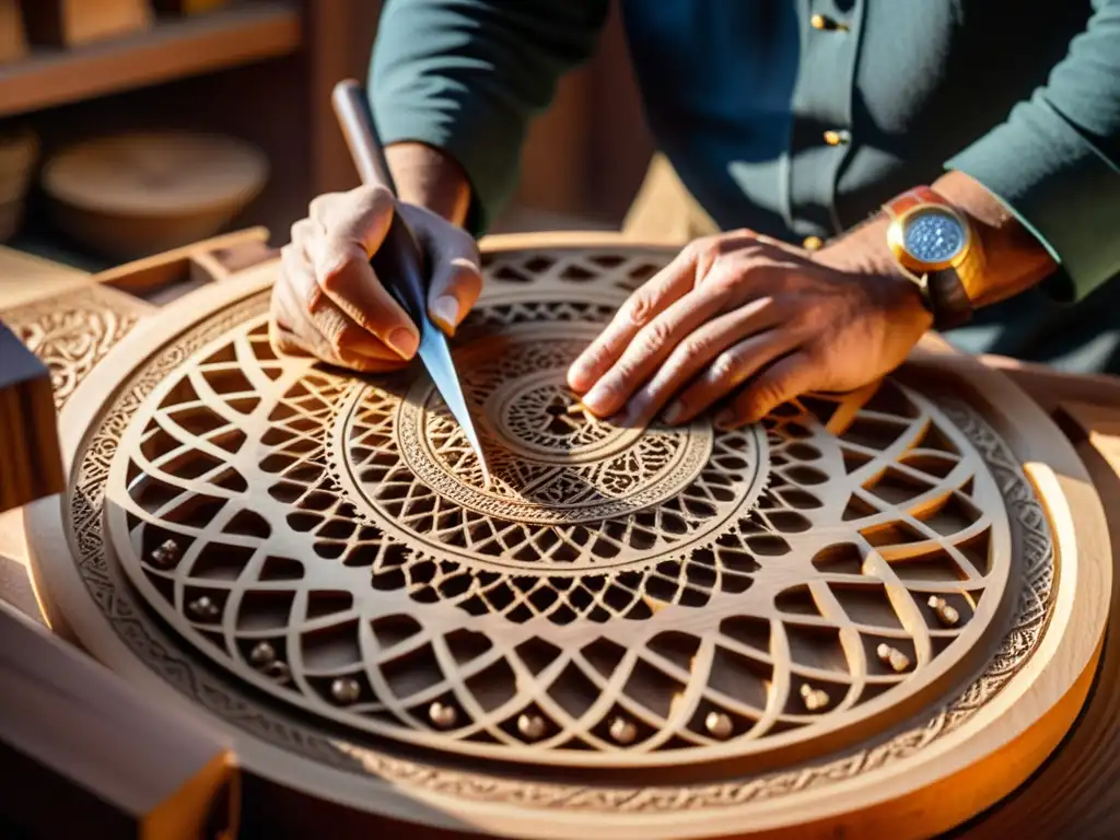 Un artesano hábil talla intrincados diseños en el cuerpo de un oud, con destellos de virutas de madera suspendidos en el aire