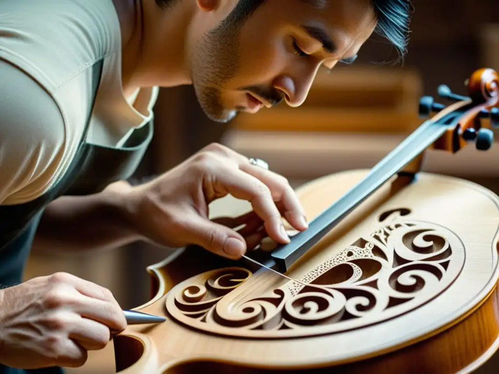 Un artesano luthier talla intrincados diseños en un violín, con expresión de concentración