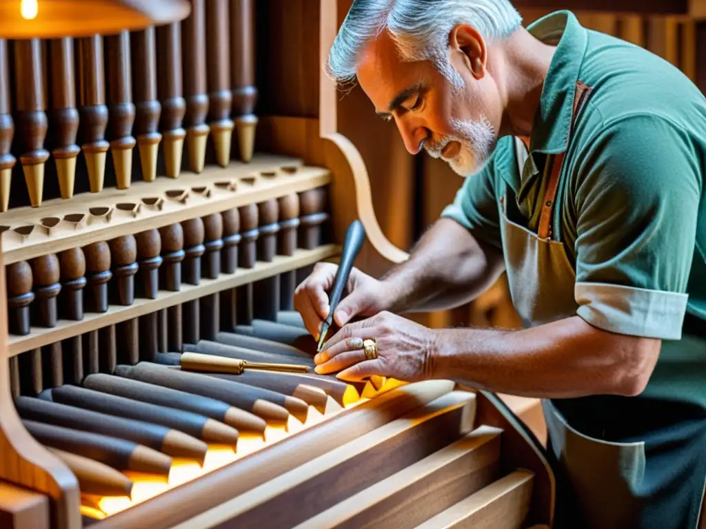 Artesano tallando intrincados patrones en una tubería de órgano de madera rodeado de herramientas antiguas, en un taller cálido