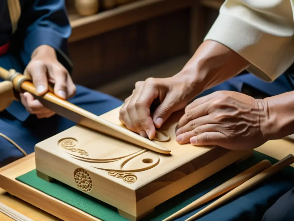 Un artesano japonés experto talla con precisión una pieza de madera para crear el cuerpo de un shamisen: historia, construcción y relevancia