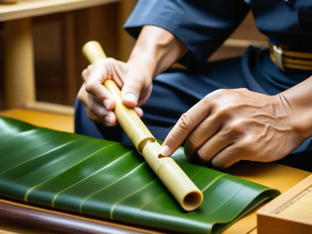 Artesano japonés esculpe con precisión el bambú para crear el shakuhachi, resaltando la rica herencia cultural y artesanal