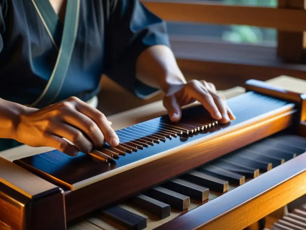 Artesano japonés ajustando con precisión las cuerdas de un koto tradicional en su taller, resaltando la historia del koto japonés