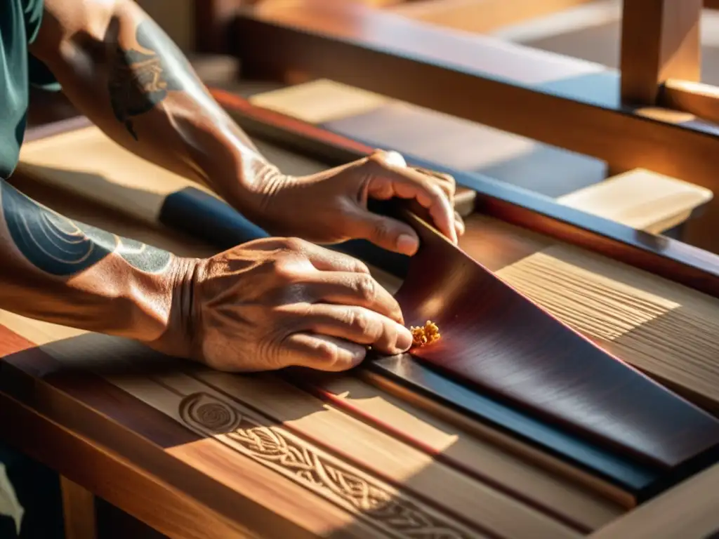 Un artesano japonés esculpe con precisión la madera de un koto tradicional