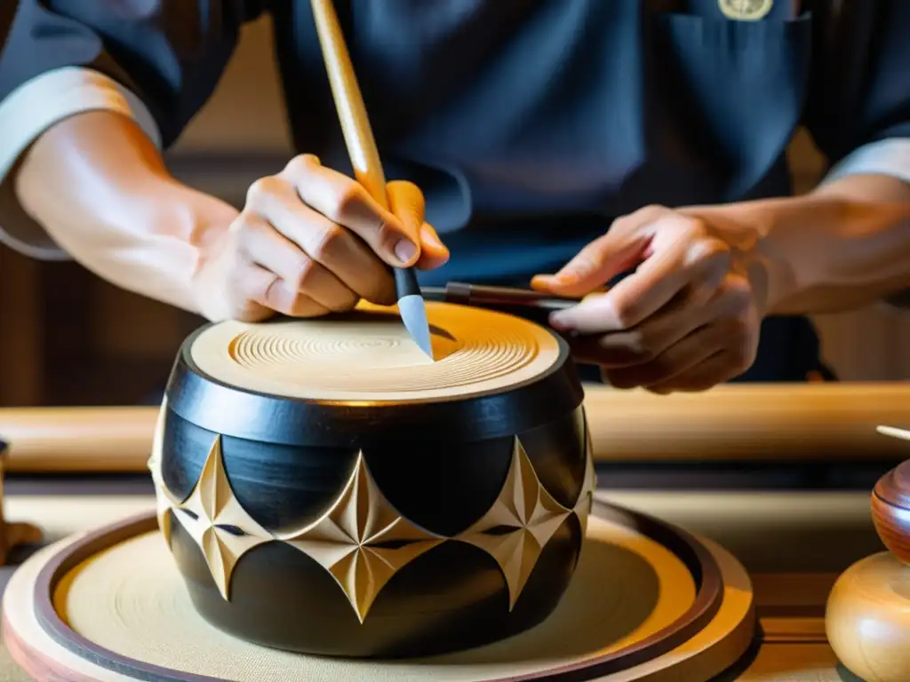 Un artesano japonés talla con cuidado diseños en un tambor tsuzumi, en un taller lleno de virutas de madera