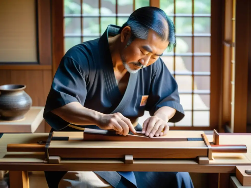 Un artesano japonés talla con precisión las delicadas cuerdas de madera de un koto, rodeado de herramientas y virutas de madera, bañado en cálida luz natural