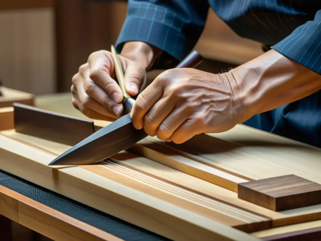 Un artesano japonés talla con precisión una pieza de madera para la construcción de un koto, mostrando la historia y construcción del koto japonés con dedicación y elegancia