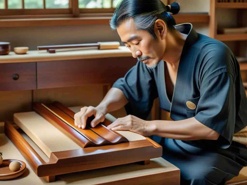 Un artesano japonés talla con precisión el cuerpo de un koto en su taller tradicional, destacando la historia y construcción del koto japonés