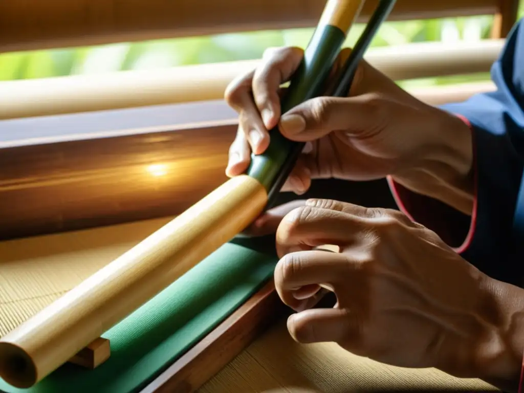 Un artesano japonés talla con precisión una flauta shakuhachi en bambú, destacando la historia y sonido del shakuhachi