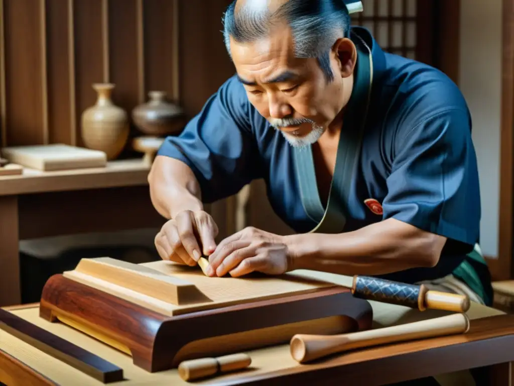 Un artesano japonés talla con precisión la madera para crear el cuerpo de un shamisen, mostrando la historia y sonido del shamisen