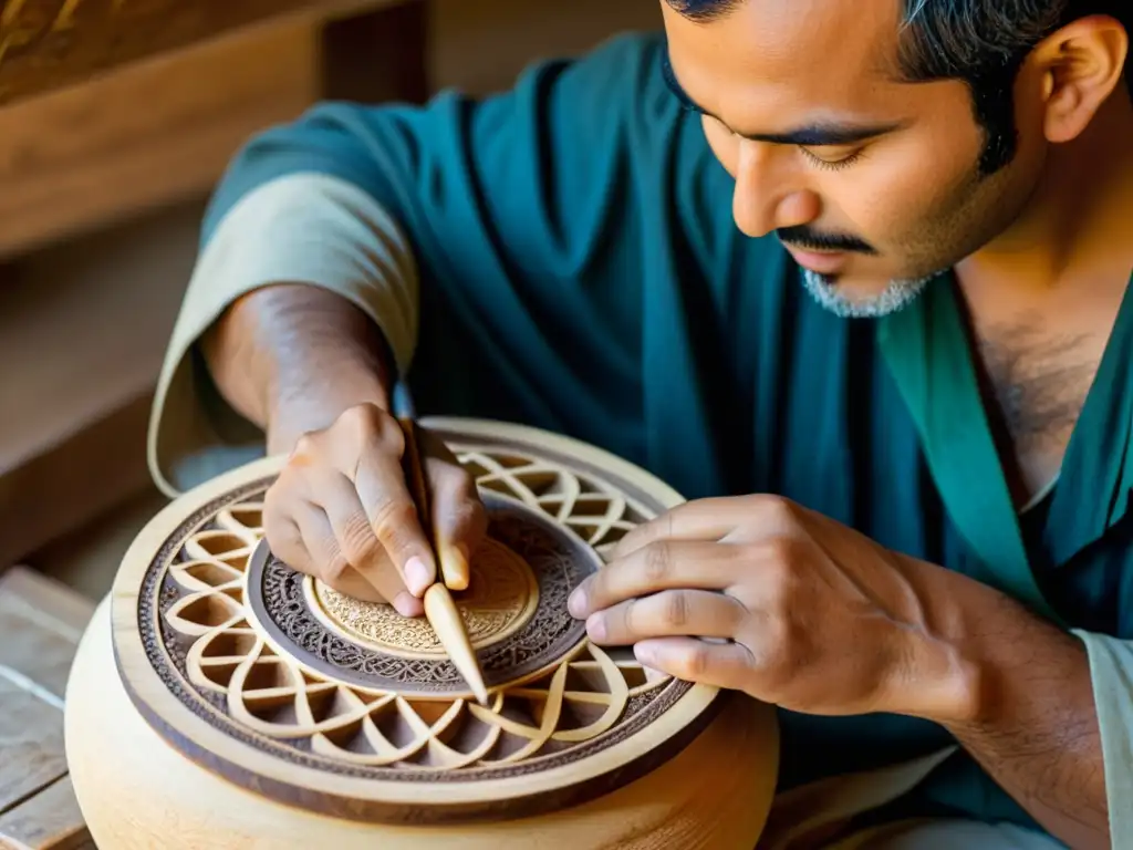 Un artesano en Kabul talla diseños en un rebab, instrumento tradicional afgano, mostrando destreza y dedicación en el Festival de Música Tradicional de Kabul