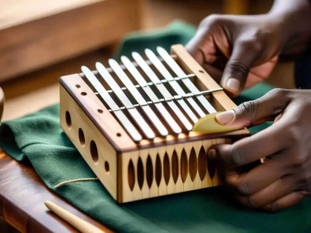 Artesano tallando una kalimba africana, mostrando el origen y construcción de la kalimba con detalle artesanal y matices cálidos