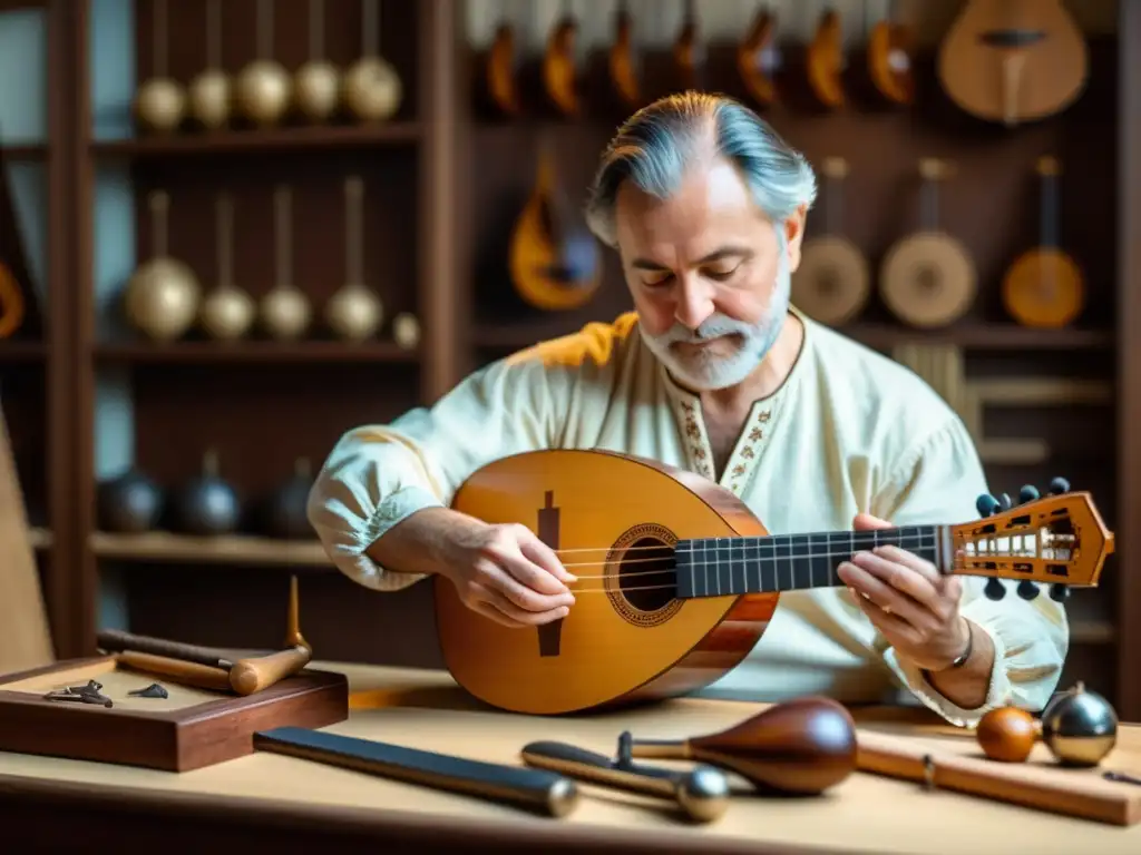 Un artesano luthier crea un laúd renacentista con herramientas especializadas, mostrando la historia y la artesanía detrás del instrumento