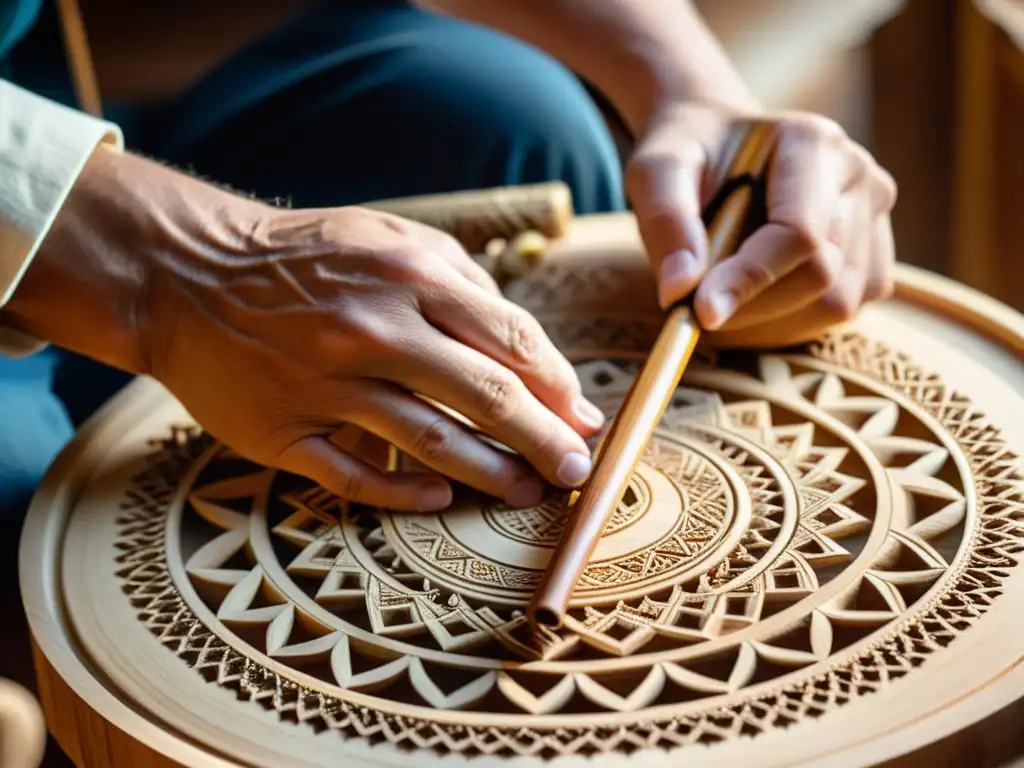 Un artesano lituano tallando con destreza una birbynė, destacando la técnica y tradición de este instrumento musical