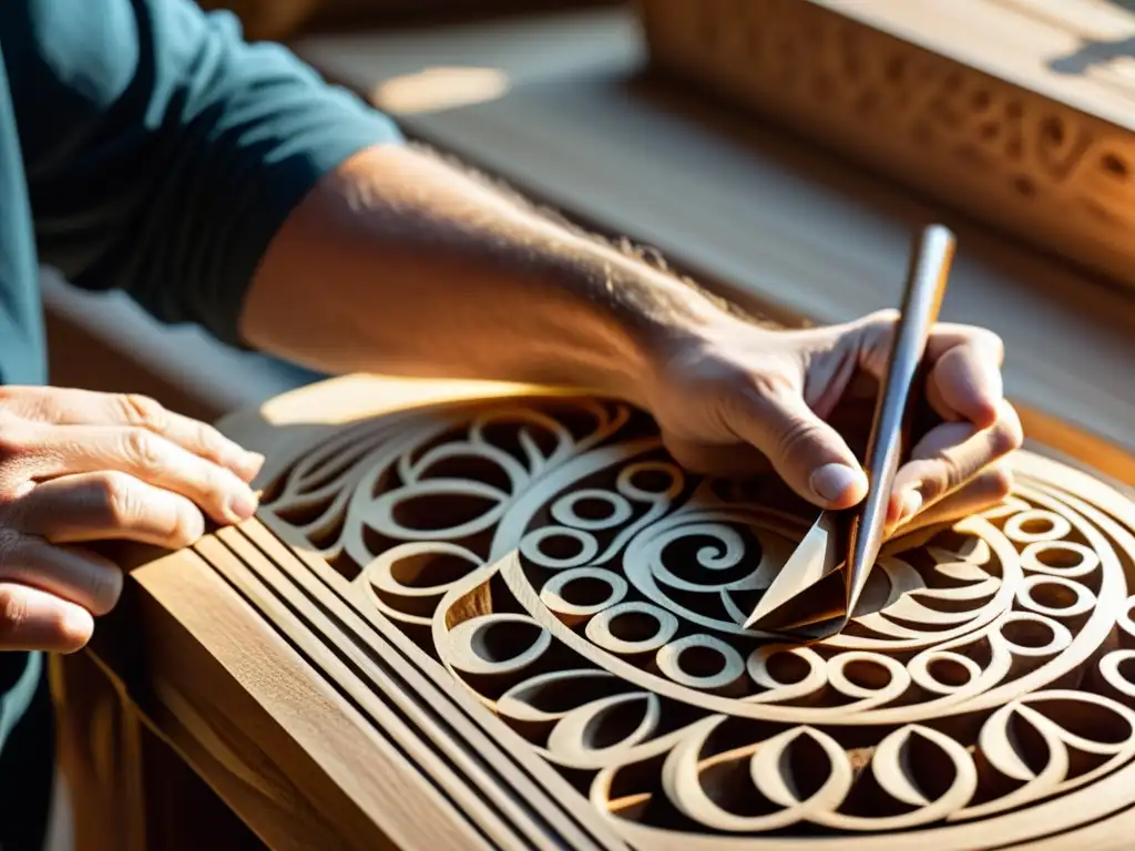 Un artesano lituano talla con maestría patrones en una birbynė tradicional, mostrando la dedicación y la técnica de esta antigua tradición