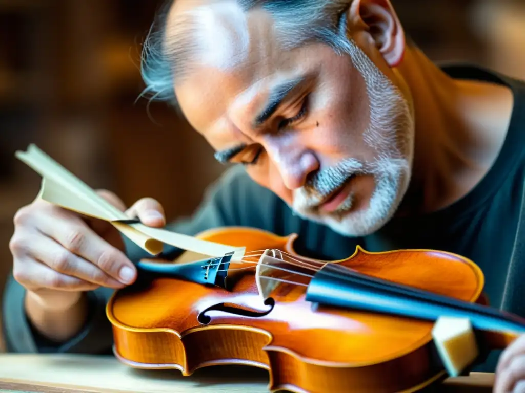 Artesano tallando madera para un violín Stradivarius, mostrando la precisión y artesanía en la creación de este sonido único violín Stradivarius