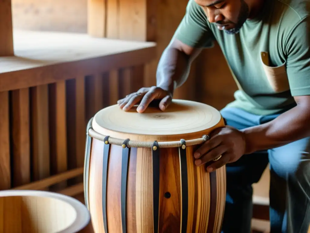 Un artesano selecciona madera para cajones y bongos en un taller rústico, destacando la fabricación responsable