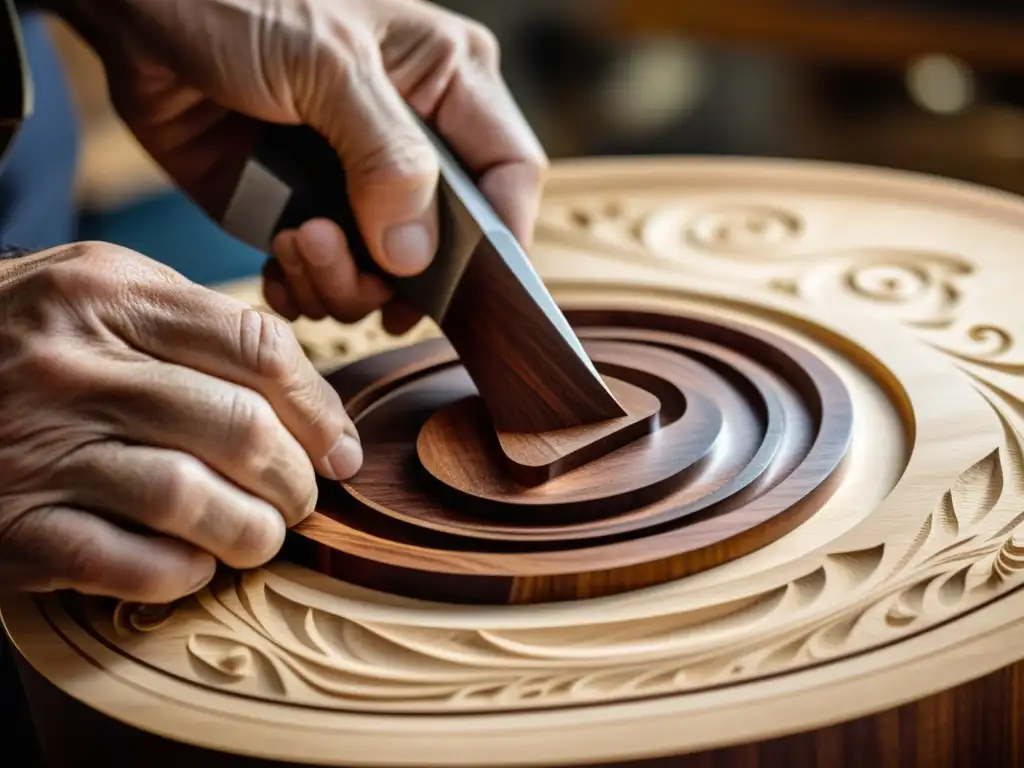 Un artesano luthier esculpe con maestría la madera de una guitarra, destacando la historia y evolución del diseño de guitarras en madera y carbono