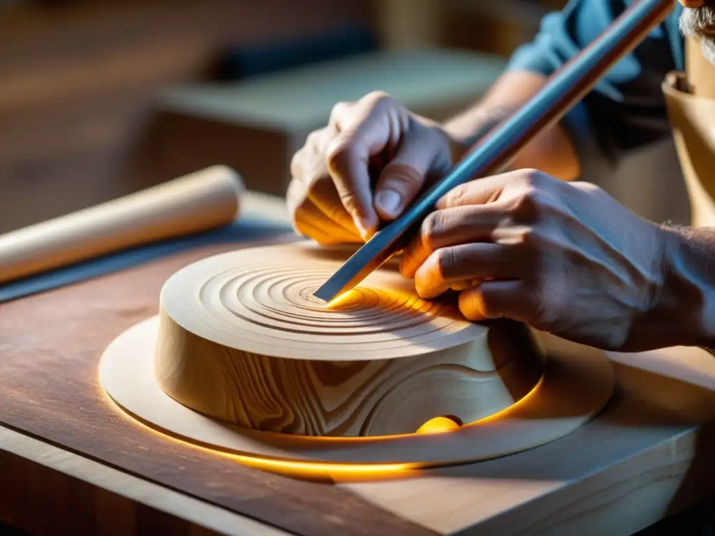 Un artesano luthier esculpe con maestría la madera para crear un instrumento de cuerda, en una atmósfera cálida y envolvente