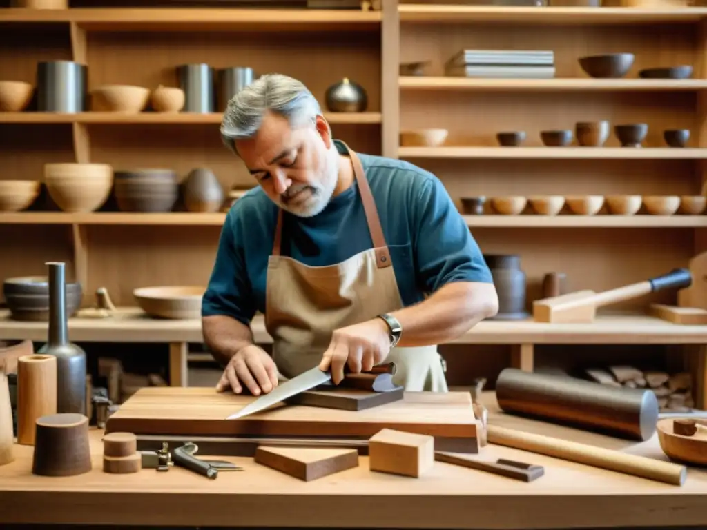 Un artesano trabaja la madera para crear instrumentos musicales tradicionales, rodeado de herramientas y materiales