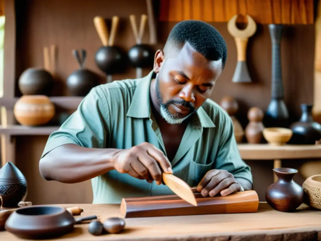 Artesano tallando madera de krin rodeado de herramientas tradicionales en África, mostrando la rica historia y tradición de la construcción del krin