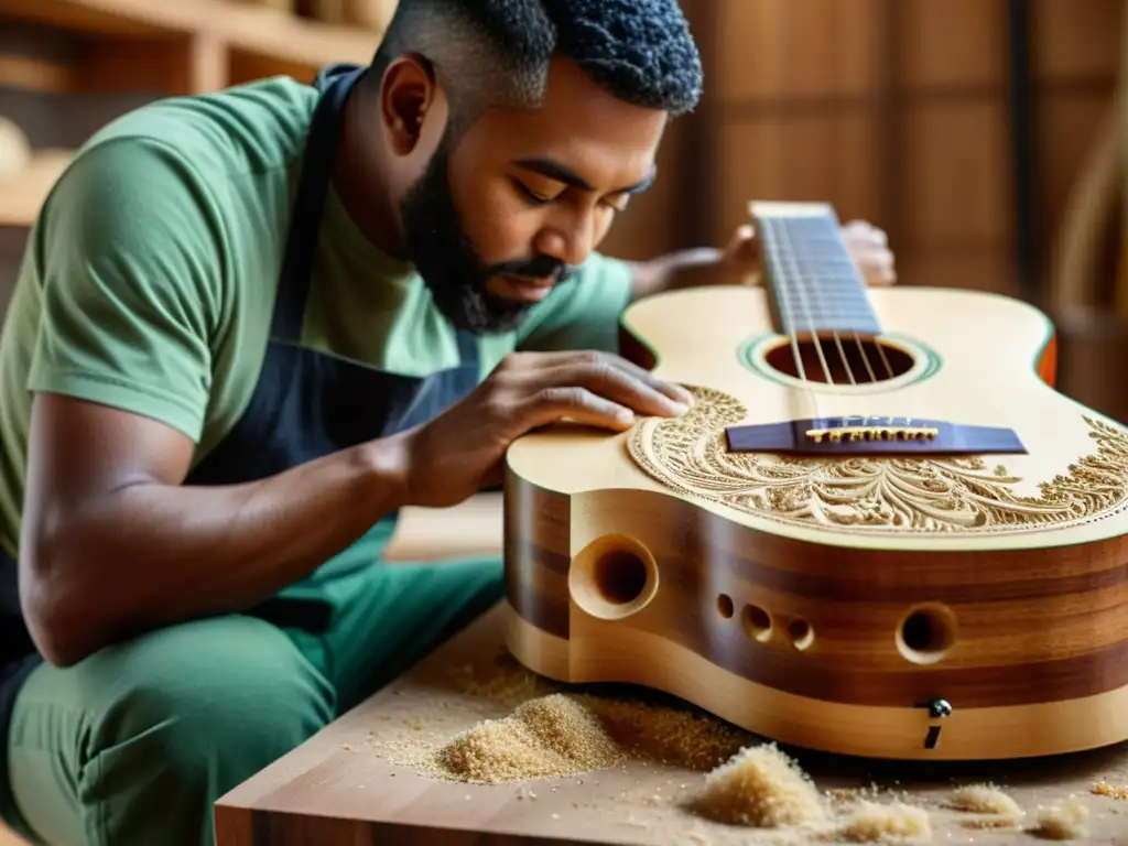 Artesano tallando guitarra en madera sostenible, con virutas en el aire