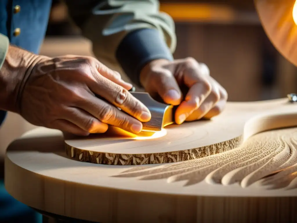 Artesano tallando madera para guitarra sostenible