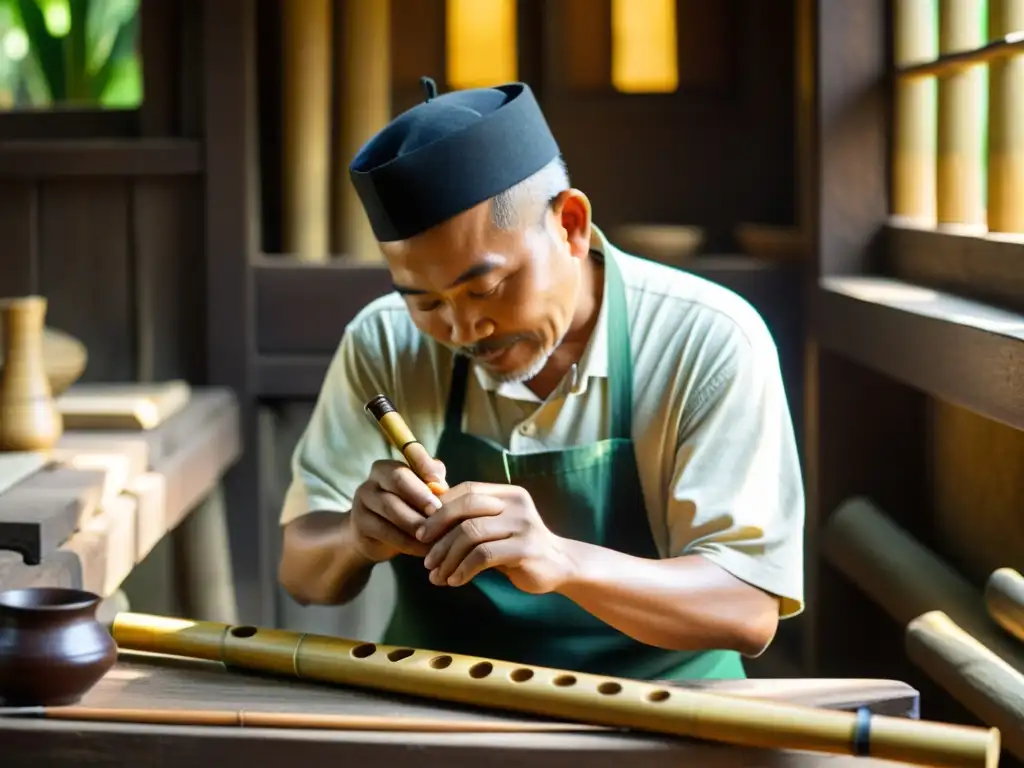 Un artesano maestro talla diseños en una flauta kèn vietnamita, iluminado por el cálido sol