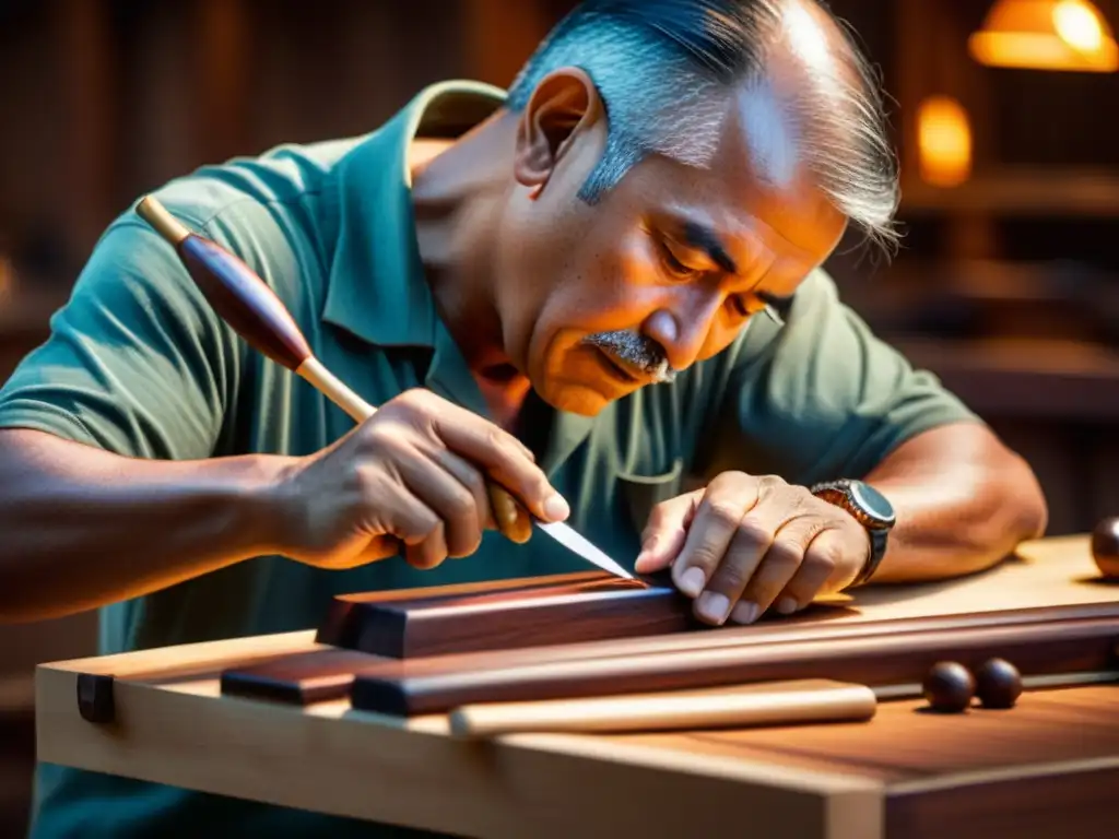 Un artesano maestro talla y da forma a llaves de palisandro para una marimba, rodeado de herramientas tradicionales y el cálido resplandor del taller