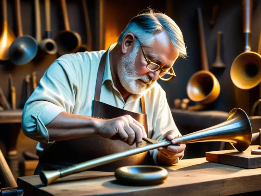 Un artesano maestro esculpe una trompa de caza en un taller lleno de instrumentos antiguos, capturando la evolución histórica de la trompa de caza