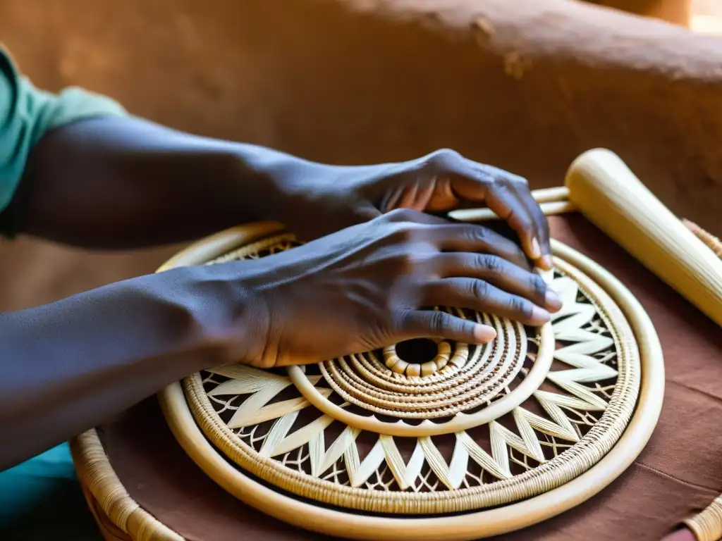 Artesano maliense creando con destreza un instrumento musical Ngoni con tiras de cuero, en un taller cálido y lleno de historia en Mali