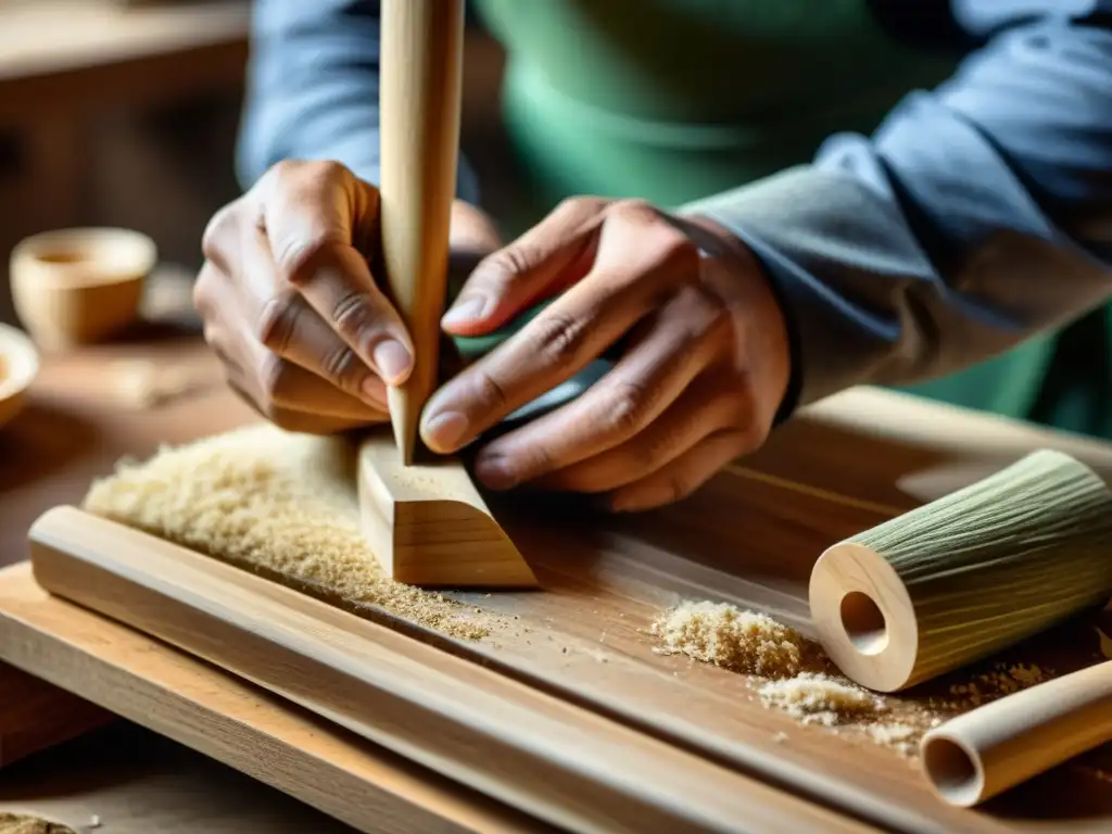 Artesano tallando a mano un instrumento de viento de forma sostenible, con tonos cálidos y técnica tradicional