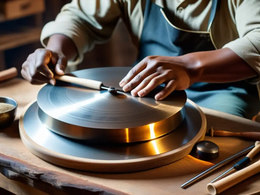 Artesano creando a mano un Hang Drum, resaltando el origen y sonido del instrumento en un proceso meticuloso y tradicional