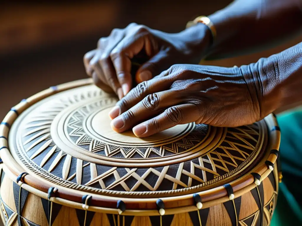 Artesano tallando patrones en ñanga: redescubrimiento percusión indígena Artesano tallando a mano un tambor ñanga, mostrando el redescubrimiento percusión indígena América Sur con destreza y pasión