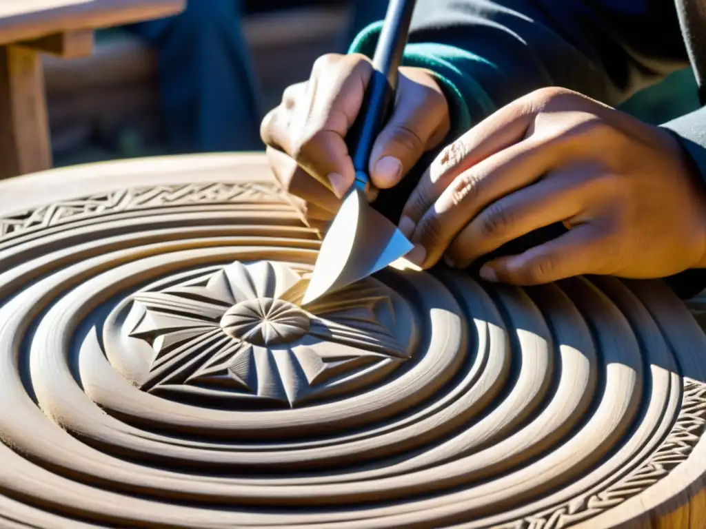 Un artesano Mapuche talla con destreza el significado y construcción del Kultrún Mapuche en madera, destacando la rica artesanía y tradición