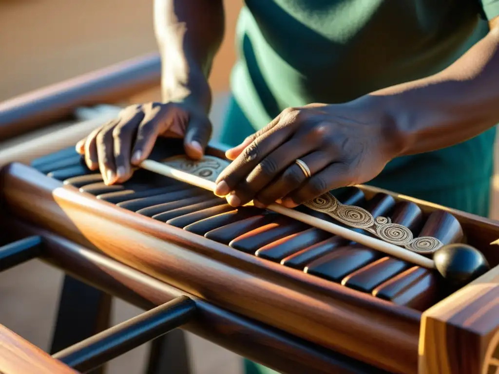 Artesano tallando una marimba africana en madera oscura, capturando la esencia de la construcción tradicional y la historia cultural