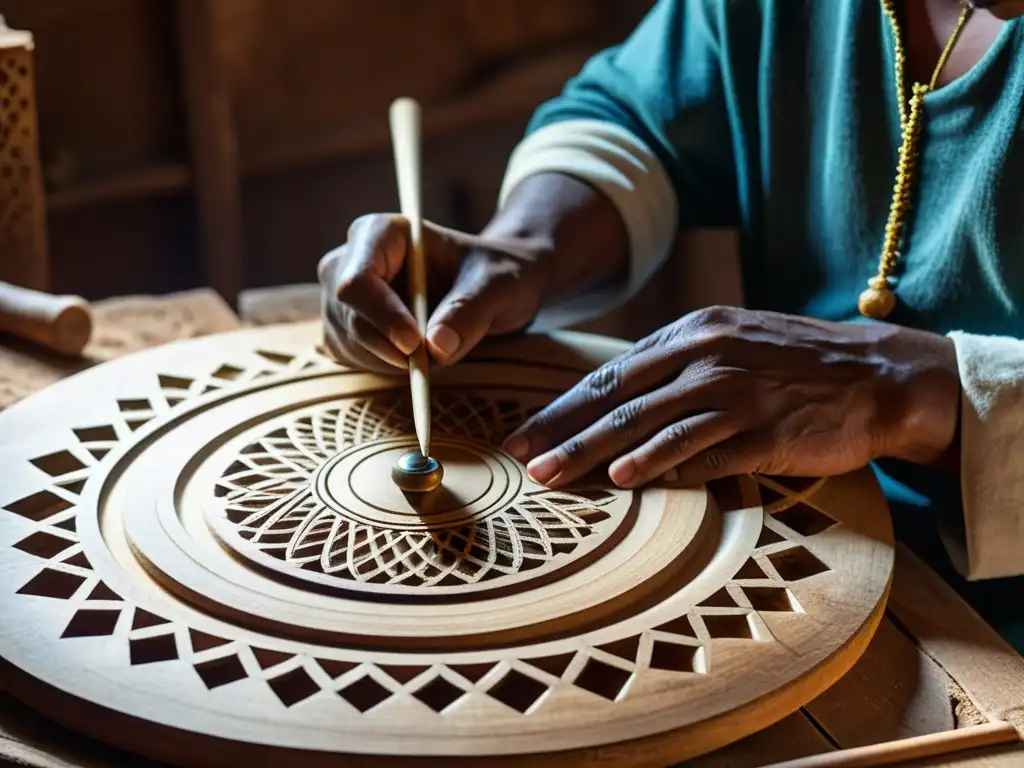 Artesano marroquí tallando un Guembri en un taller, destacando la rica historia y sonido de este instrumento tradicional