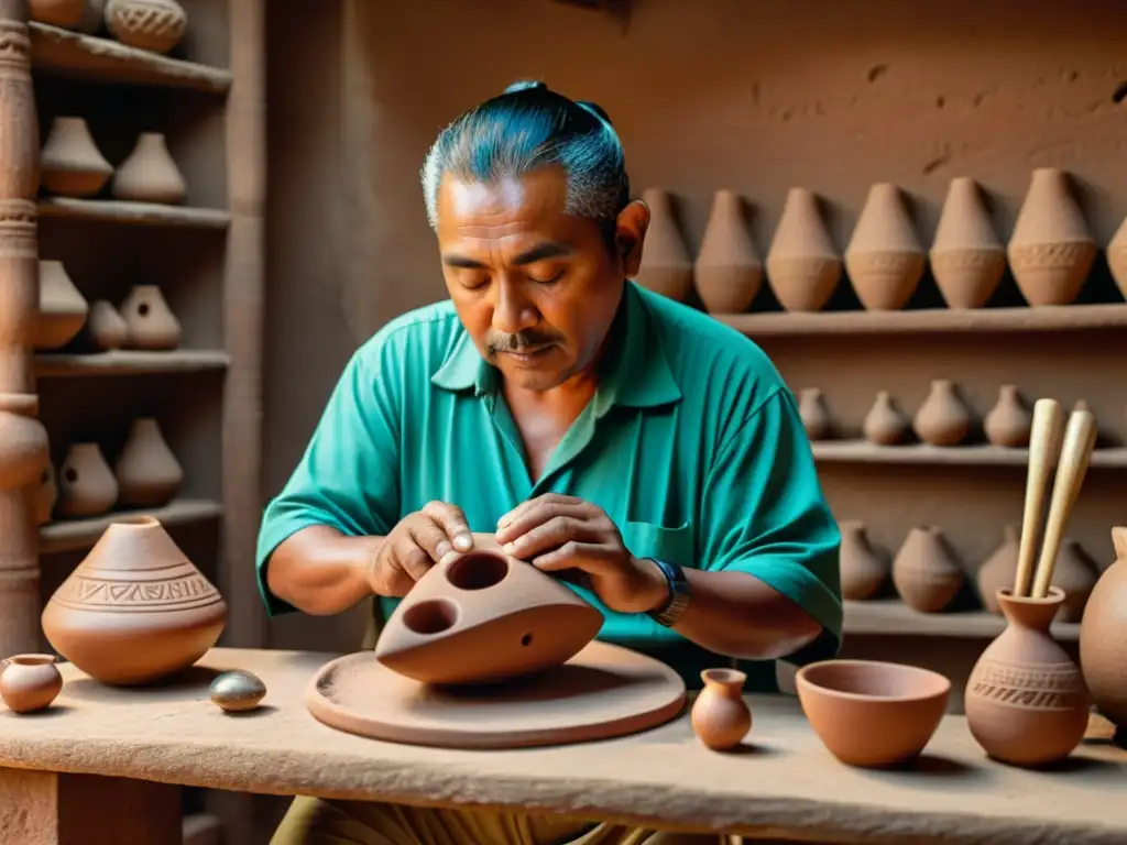 Un artesano maya talla una ocarina de barro, rodeado de herramientas y bañado en cálida luz natural, capturando la rica historia y cultura maya