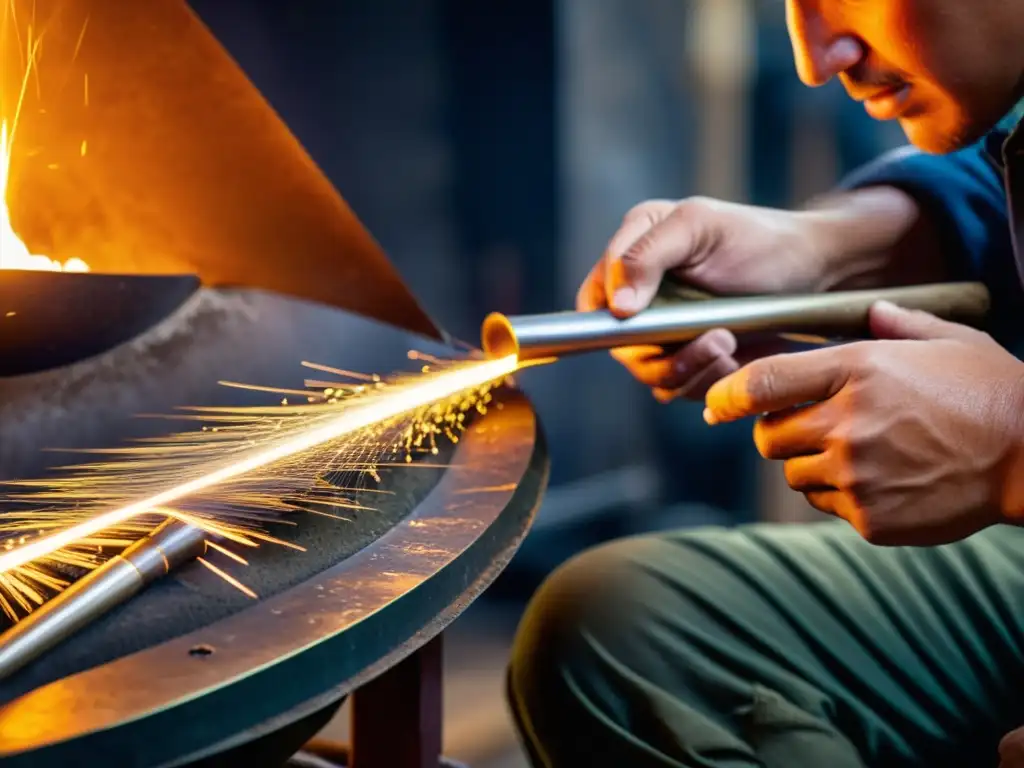 Artesano moldeando metal para la construcción de instrumentos de viento metálicos tradicionales, con chispas volando en su meticuloso trabajo