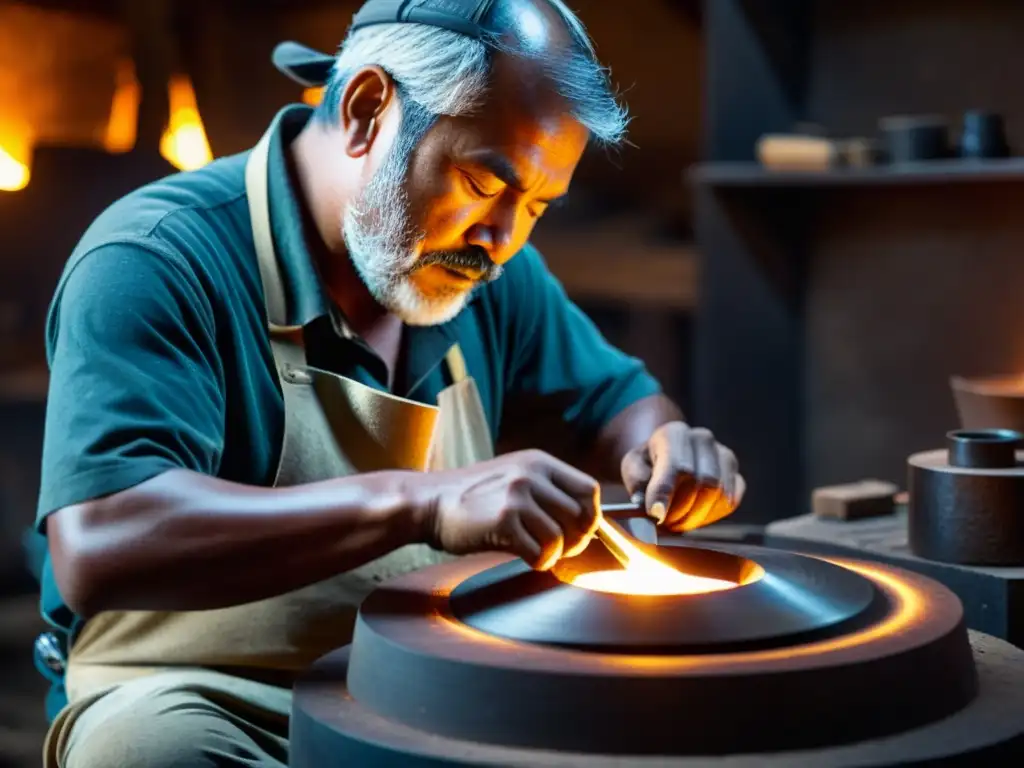 Artesano moldeando metal para la construcción de instrumentos de viento metálicos tradicionales en un taller tenue, con expresión concentrada