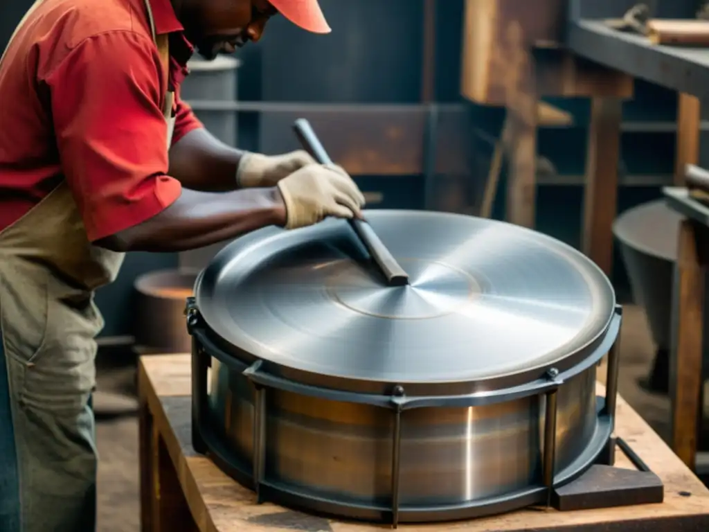 Un artesano martillea el metal para dar forma a un steel drum, mostrando la tradición y destreza artesanal