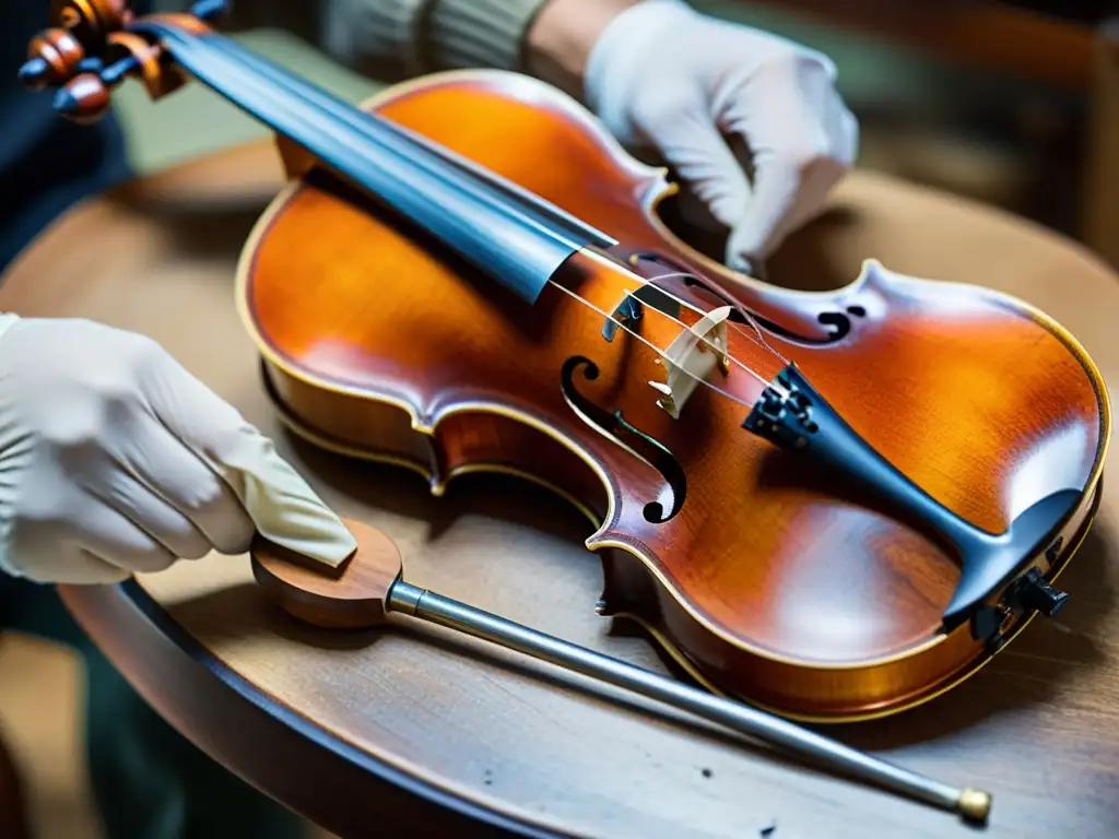 Un artesano restaura con meticulosidad un violín centenario, aplicando barniz con precisión, rodeado de herramientas