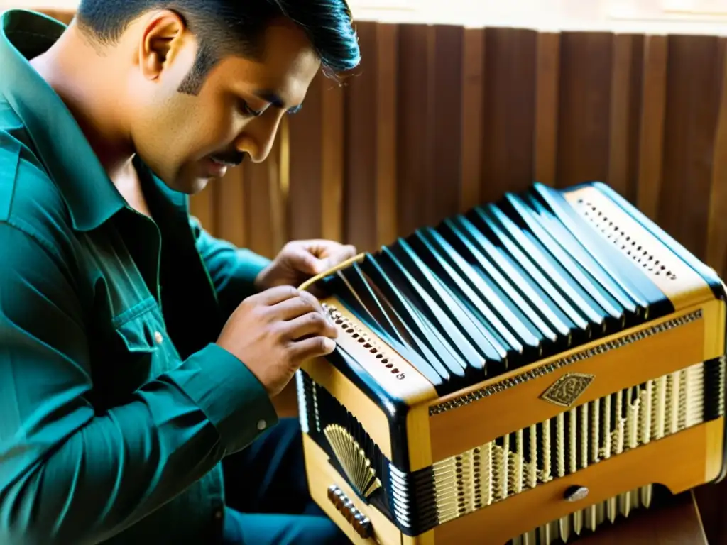 Un artesano meticuloso construye un acordeón vallenato a mano, destacando la artesanía y el origen cultural del instrumento