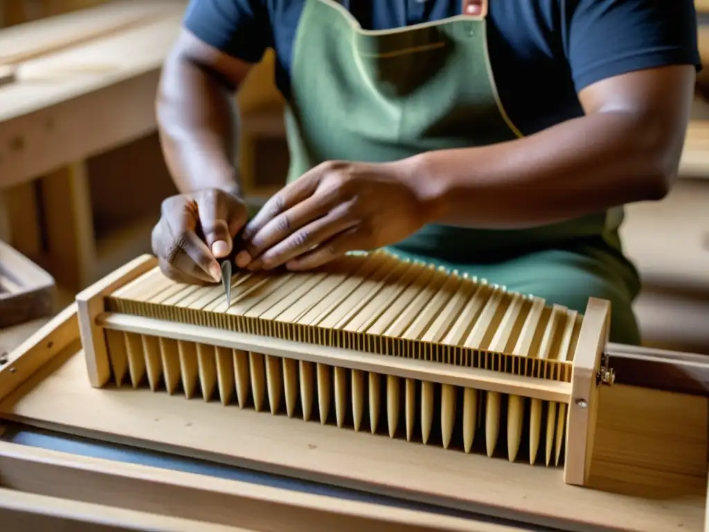 Artesano meticuloso elaborando bloques de caña para acordeón diatónico, destacando la historia y sonido del instrumento