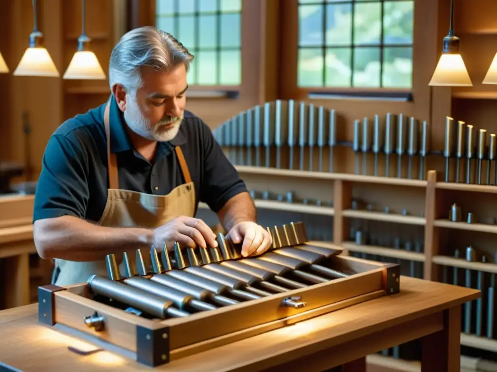 Un artesano meticuloso ensambla un glockenspiel rodeado de barras de metal afinadas y delicadas herramientas